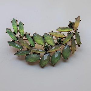 Leaf-Shape Pin with Green Stones/Rhinestones